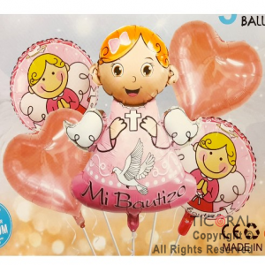 SET DE GLOBOS METALIZADO BAUTISMO ROSA 5 UNIDADES 